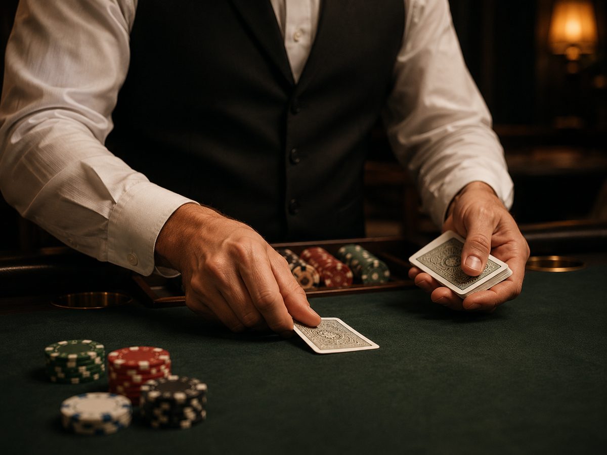 Croupier a distribuir cartas numa mesa de póquer