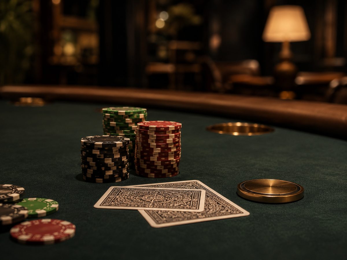 Detalhe de fichas e cartas numa mesa de póquer